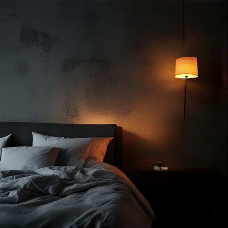 Soft lamplight casting shadows on a textured bedroom wall