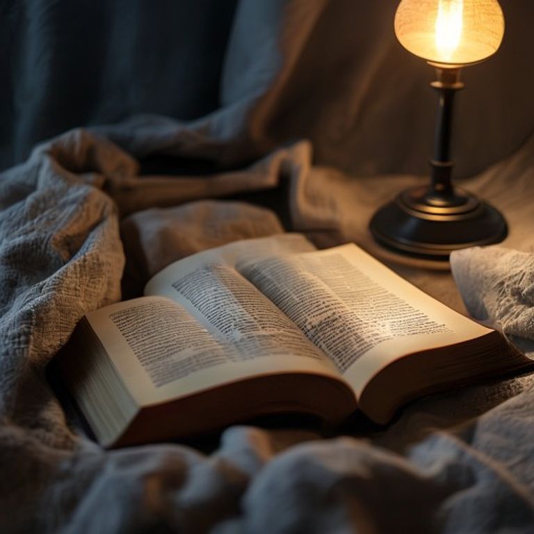 Open book resting on linen sheets with reading lamp nearby