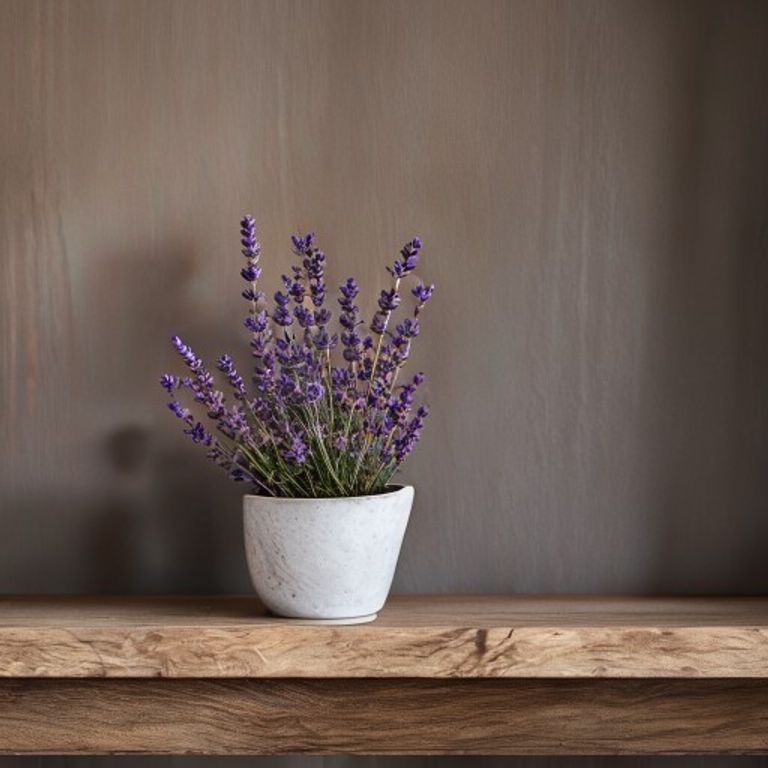 Lavender plant in ceramic pot on minimalist shelf
